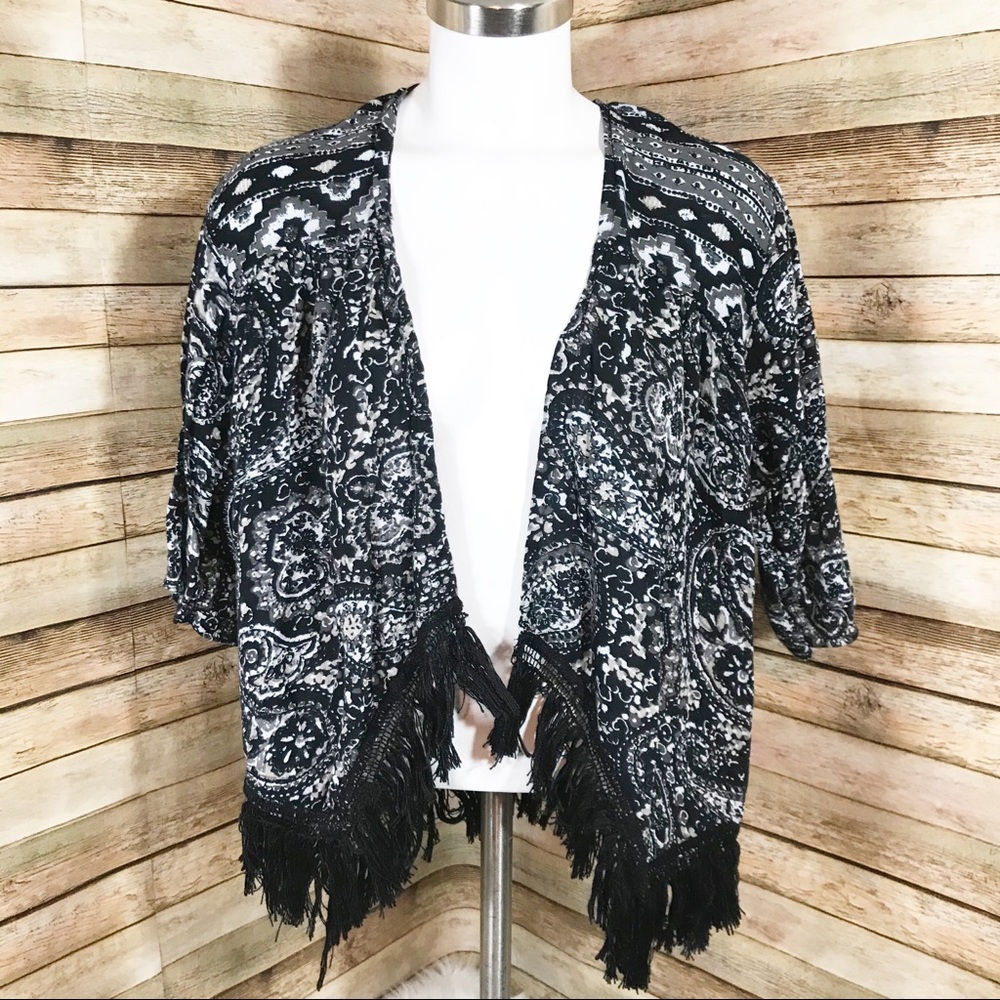 Hollister black white fringe open kimono cardigan